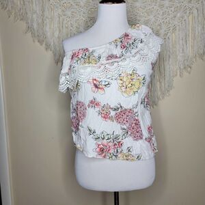 Angie One Shoulder Lace Floral Top White Yellow Pink Size Small